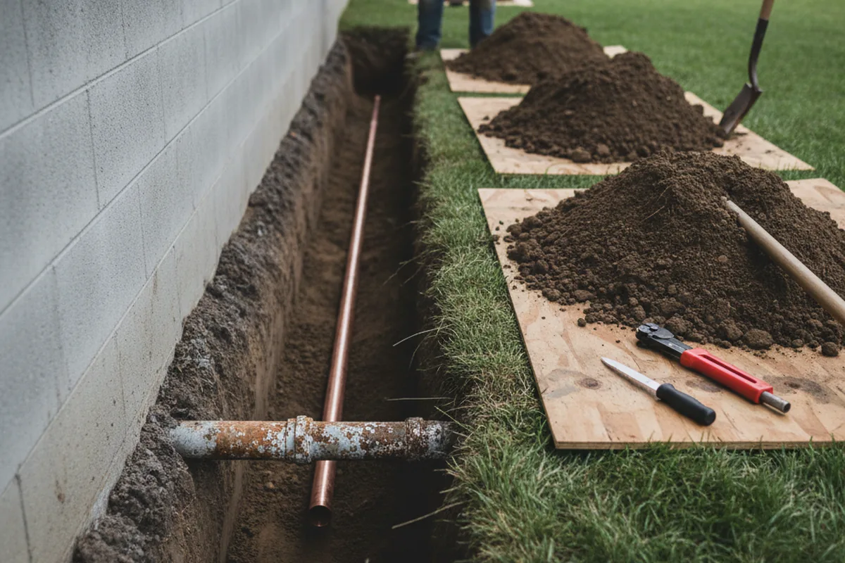 Excavated water line trench during Water Softener Installation in Stapleton